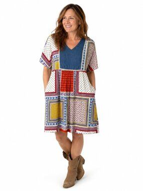 The Vermont Country Store Women's Patchwork Dress Multicolor Pockets Boho Size M